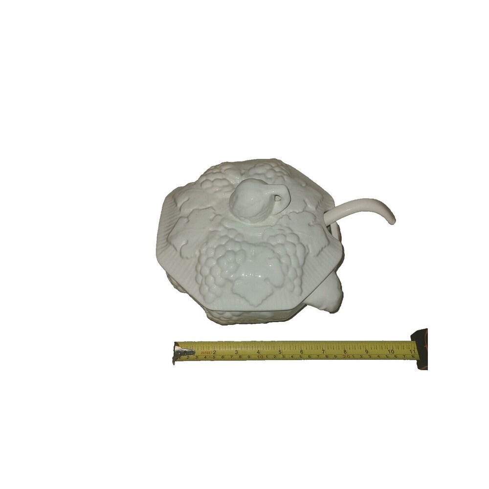 Vtg. White Ceramic Soup Tureen Made by California Pottery Grape Ivy Pattern USA